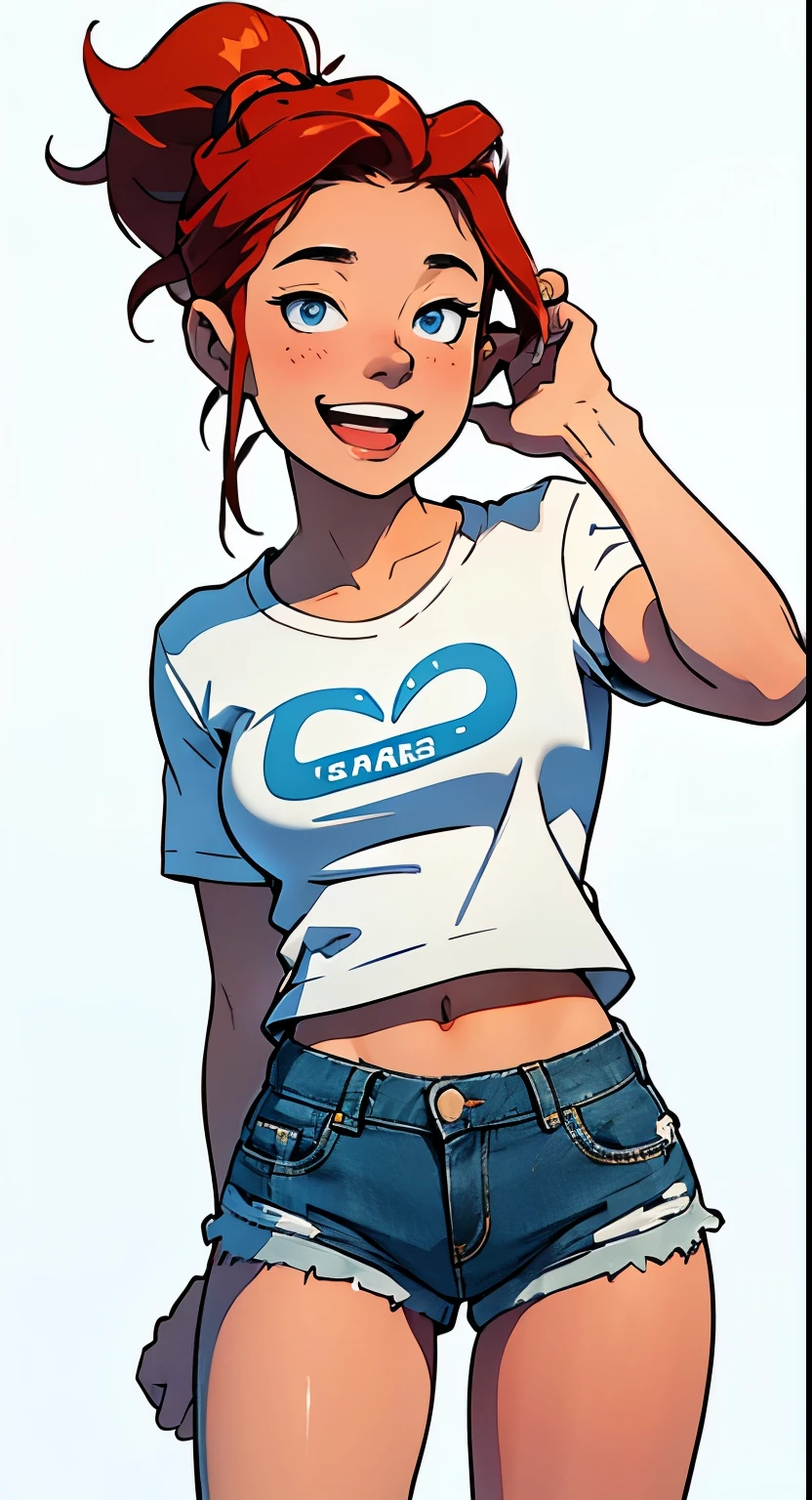 Fmasterpiece, best quality, full body,1girl,the highest image quality, 21-year-old woman, looks like Olivia Dunne, bright red hair, blue eyes, wearing a white graphic tee and denim shorts, large breasts, White background, empty background whole body , laughing,happy