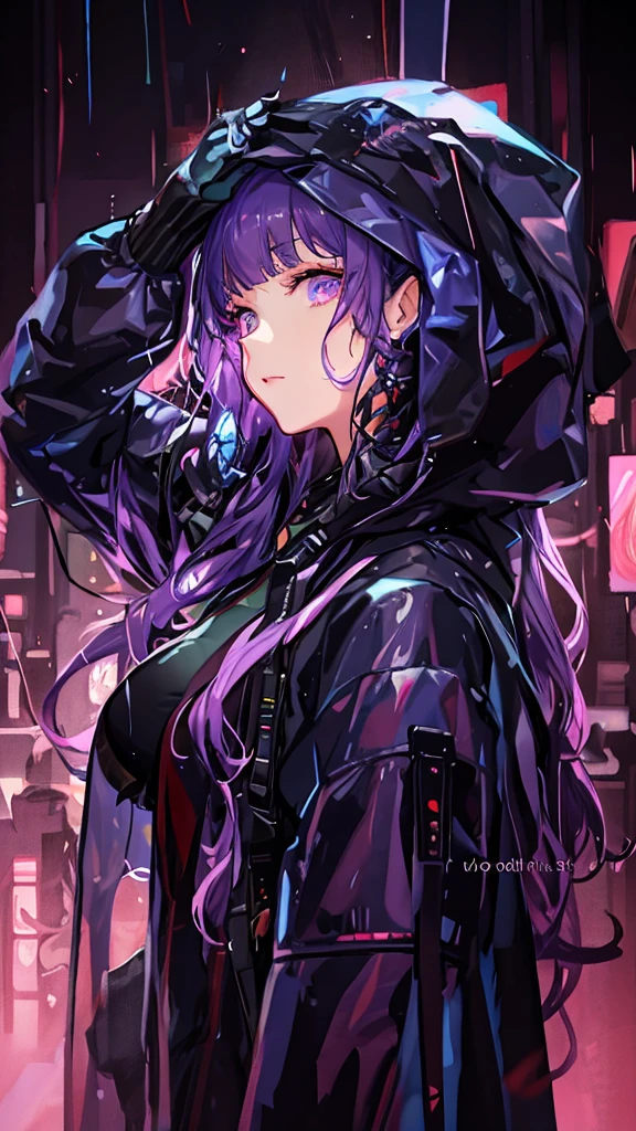 ((Highest quality)), (masterpiece)),in the rain、Anime girl with purple hair and black jacket, Cyberpunk Anime Girl in hoodie, digital Cyberpunk anime art, Digital Cyberpunk - Anime Art, Cyberpunk Anime Girl, anime cyberpunk art, Cyberpunk art style, Cyberpunk atmosphere, Cyberpunk anime art, female Cyberpunk Anime Girl, Dreamy Cyberpunk Girl, Cyberpunk atmospheres, Bright Cyberpunk Glow, Cyberpunk Style, Cyberpunk themed art