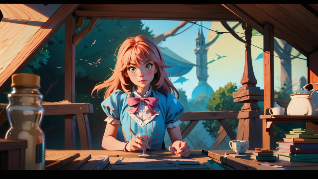 illustration"A young girl with blonde hair, dressed in a classic blue and white apron, sits in a cozy library, lost in thought. Around her, playing cards and small objects float mysteriously, as if suspended by magic. The warm light from the room highlights her delicate features, creating a soft and nostalgic atmosphere. Her expression is pensive, as though she's contemplating an adventure in a whimsical and curious world. The setting is filled with books and subtle fantastical elements, evoking a sense of wonder and quiet magic."