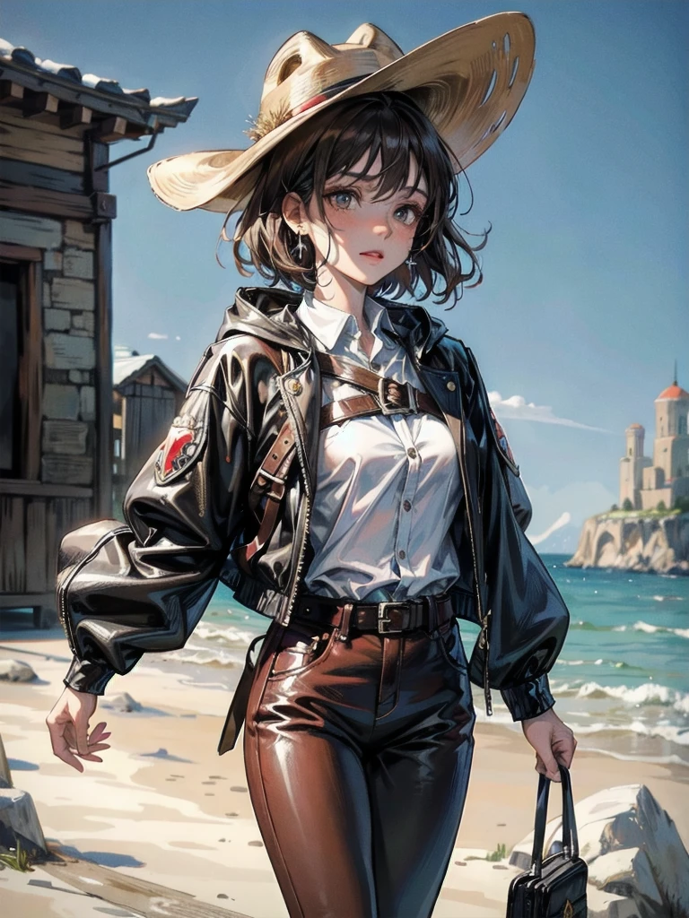 cool cowgirl, fantasy adventurer, cowboy hat, decorated hooded armor jacket, cross belt, Brown leather pants, Red leather long boots, absurdres, RAW photo, extremely delicate and beautiful, masterpiece, Best Quality, ultra high resolution, 32k, hyperrealistic, ultra-detailed, detailed description, pale skin, 20 years old, tearful mole, earring, short medium hair, wavy hair, whole body shot,