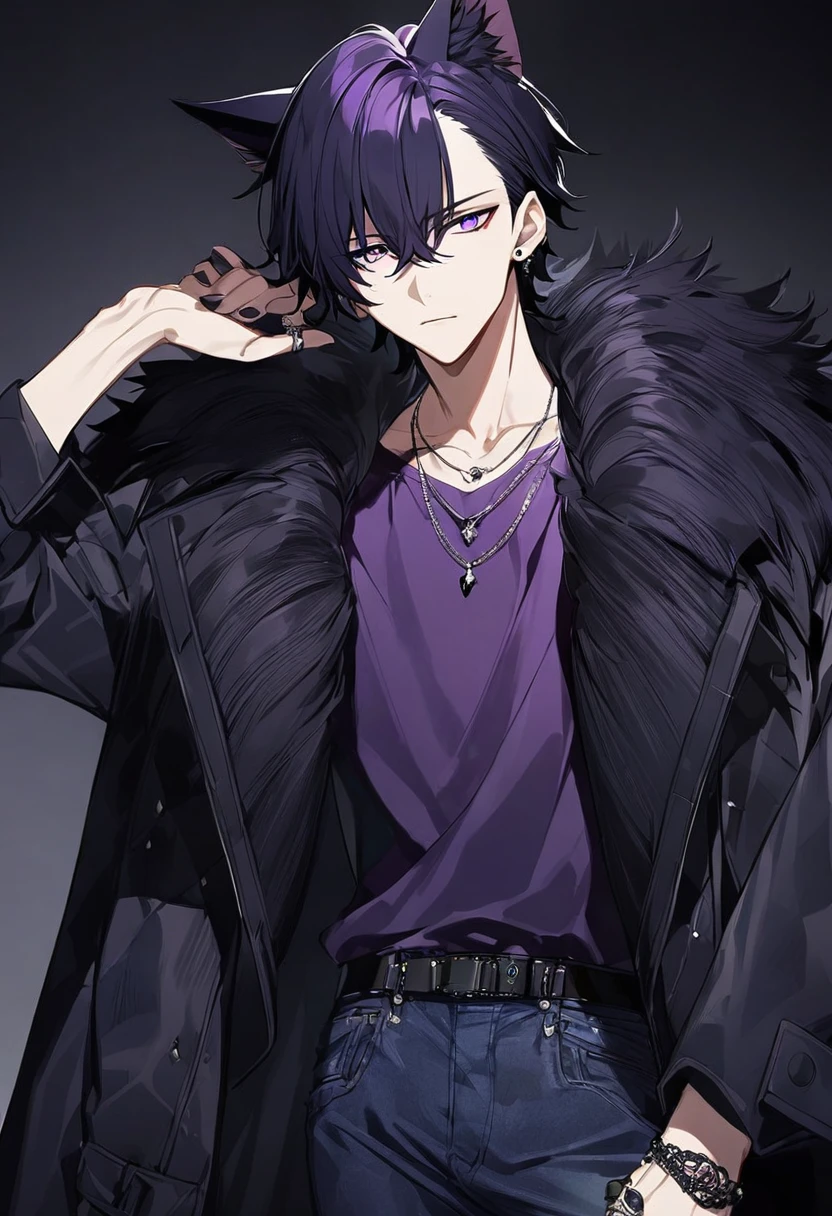 1man, black short hair, black cat ears, bright purple eyes, wearing black fur coat, wearing purple undershirt, wearing dark blue jean pants, wearing a necklace with a ring