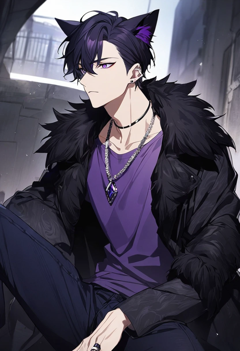 1man, black short hair, black cat ears, bright purple eyes, wearing black fur coat, wearing purple undershirt, wearing dark blue jean pants, wearing a necklace with a ring
