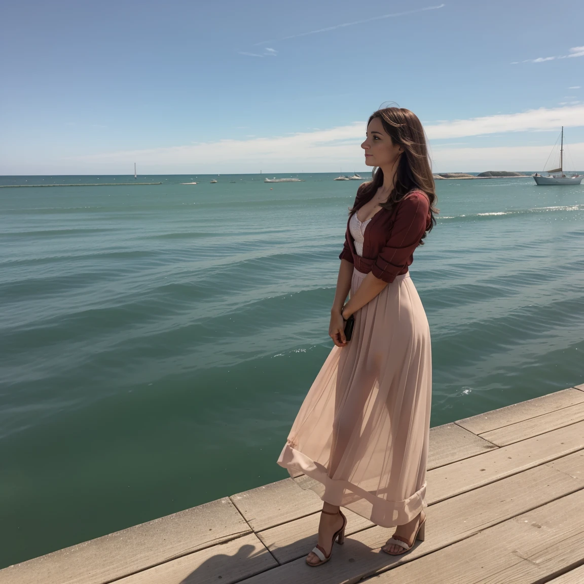 Lucie vue de dos au bord de la mer regardant au loin pencher en jupe courte