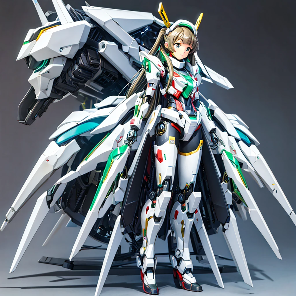 masterpiece, high quality, Cyborgization、Destroyed gynoid cyborg body、The face is of Minami Kotori.、mechanical parts、Girl-type mechanical body、Mecha Cyborg Girl、solo focus、Single image、from front, full body、Mechabare、The body is destroyed, exposing the precision machinery、Barcode on thigh、Inside the Institute、The repair being carried out