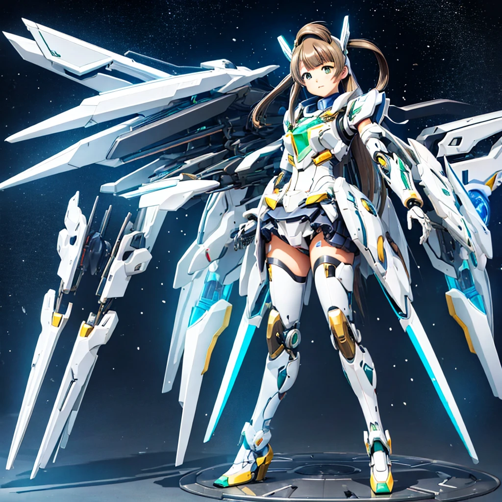 masterpiece, high quality, Cyborgization、Destroyed gynoid cyborg body、The face is of Minami Kotori.、mechanical parts、Girl-type mechanical body、Mecha Cyborg Girl、solo focus、Single image、from front, full body、Mechabare、The body is destroyed, exposing the precision machinery、Barcode on thigh、Inside the Institute、The repair being carried out