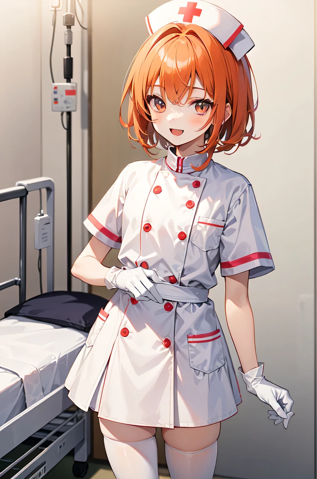 1boy, solo, male focus, nurse, white nurse cap, white nurse uniform, ((white legwear, zettai ryouiki)), white gloves, short hair, orange hair, smile, open mouth, standing, ((hospital room)), sharp outline, short sleeves, shota, 12 years old, best quality, masterpiece