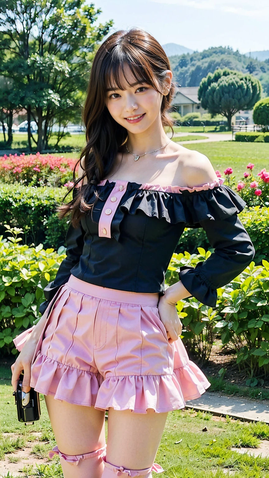 (8K、RAW Photos、Highest quality、masterpiece:1.2)、(Realistic、Realistic)、1 Girl、((Pink and black checked mini skirt、smile、Frills、Off the shoulder、one piece、whole body、See-through、boots、chest emphasis、whole body、garden、View from the front、Looking into the camera、Stand with hands on hips))、