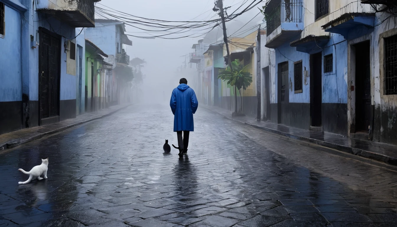 cover of The Who's Who's Next album; Create an afternoon scene on a dark street inspired by the streets of Rio de Janeiro. the street tiles are wet and fog hangs in the air. The street is deserted, only one man stands out in the landscape. A man wears blue warm clothes and black hair. A walking white cat on the wall of one of the houses. A wall with the image of a beautiful woman (the scene needs to have a noir atmosphere)
