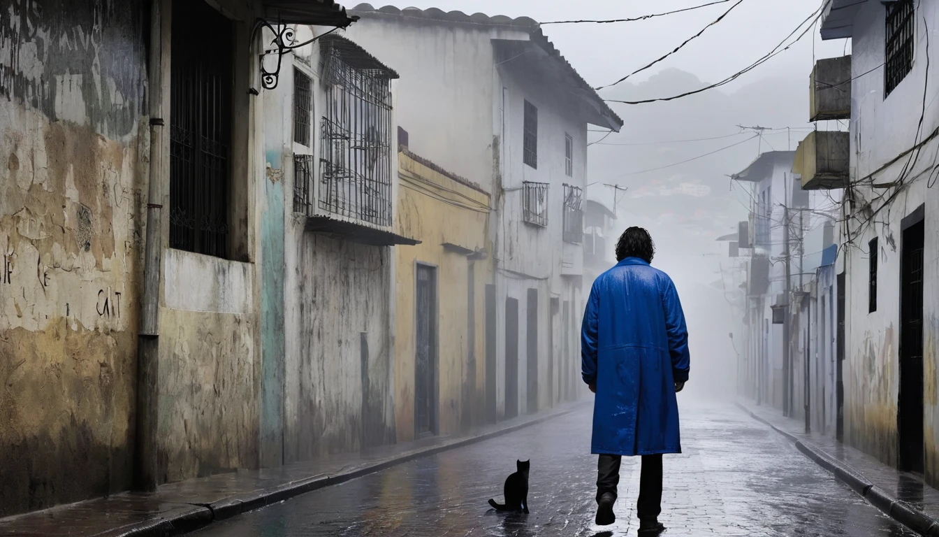 cover of The Who's Who's Next album; Create an afternoon scene on a dark street inspired by the streets of Rio de Janeiro. the street tiles are wet and fog hangs in the air. The street is deserted, only one man stands out in the landscape. A man wears blue warm clothes and black hair. A walking white cat on the wall of one of the houses. A wall with the image of a beautiful woman (the scene needs to have a noir atmosphere)