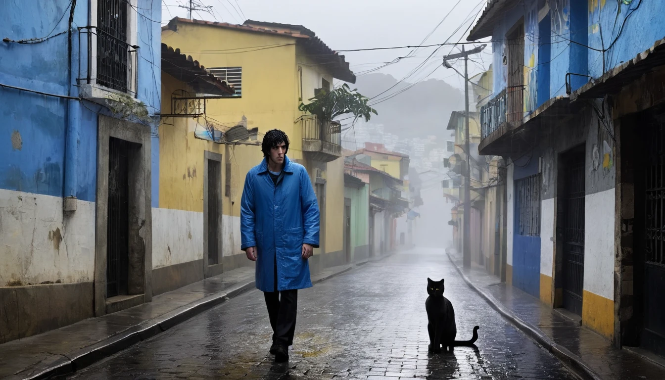 cover of The Who's Who's Next album; Create an afternoon scene on a dark street inspired by the streets of Rio de Janeiro. the street tiles are wet and fog hangs in the air. The street is deserted, only one man stands out in the landscape. A man wears blue warm clothes and black hair. A walking white cat on the wall of one of the houses. A wall with the image of a beautiful woman (the scene needs to have a noir atmosphere)