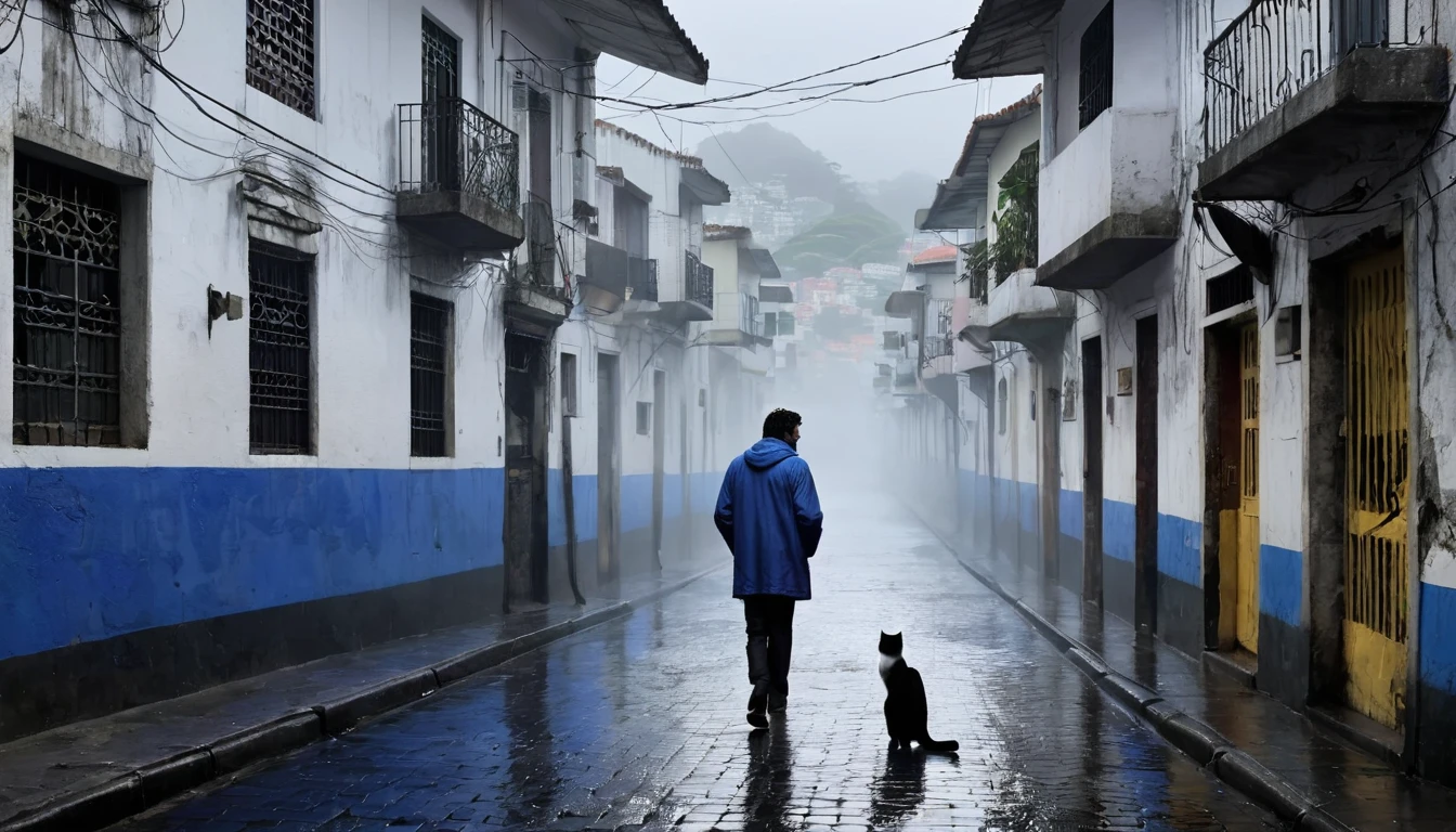 cover of The Who's Who's Next album; Create an afternoon scene on a dark street inspired by the streets of Rio de Janeiro. the street tiles are wet and fog hangs in the air. The street is deserted, only one man stands out in the landscape. A man wears blue warm clothes and black hair. A walking white cat on the wall of one of the houses. A wall with the image of a beautiful woman (the scene needs to have a noir atmosphere)