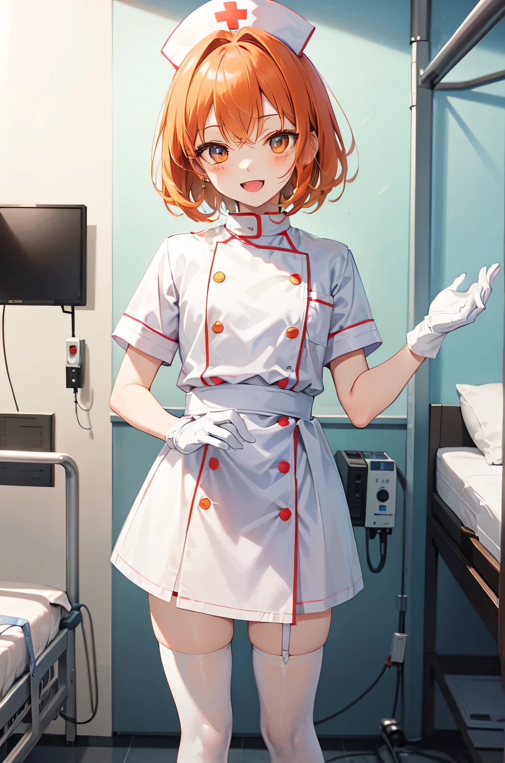 1boy, solo, male focus, nurse, white nurse cap, white nurse uniform, ((white legwear, zettai ryouiki)), white gloves, short hair, orange hair, smile, open mouth, standing, ((hospital room)), sharp outline, short sleeves, shota, 12 years old, best quality, masterpiece