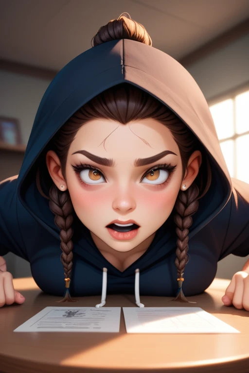 Caucasian (Russo-Italian) young female; athletic build; athlete; short dark brown hair tied in a small bun; hazel eyes; fair skin; wears a hoodie; in a small apartment; exuding a rebellious and tomboyish attitude; large breasts; Disney-style, CGI; best quality; high definition; trending on artstation; complex volumetric lighting; shadows; shot from above and behind; dick in pussy; blushing; having an orgasm; climaxing; climax expression; rolled eyes; bending over the dining table; being fucked by a dick; exposed ass and pussy; shaved pussy