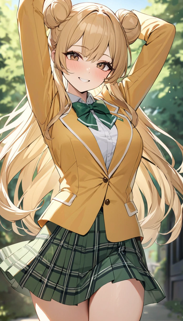 masterpiece, best quality, highres, 1girl, solo, long hair, blonde hair, double bun, drill hair, brown eyes, , green bowtie, blazer, yellow jacket, long sleeves, plaid skirt, green skirt, standing,arms hold up, cowboy shot, outdoors, smile,
