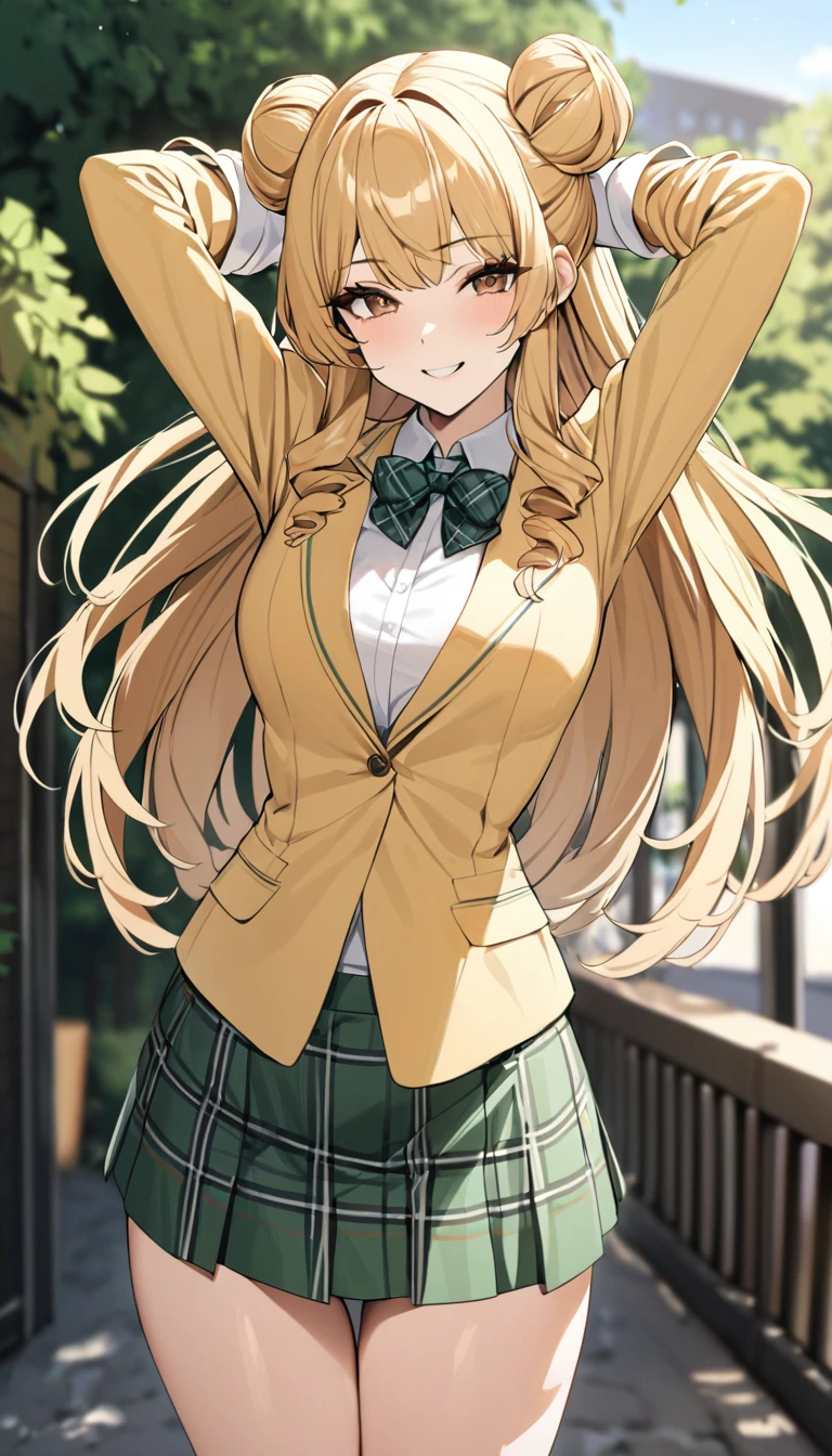 masterpiece, best quality, highres, 1girl, solo, long hair, blonde hair, double bun, drill hair, brown eyes, , green bowtie, blazer, yellow jacket, long sleeves, plaid skirt, green skirt, standing,arms hold up, cowboy shot, outdoors, smile,