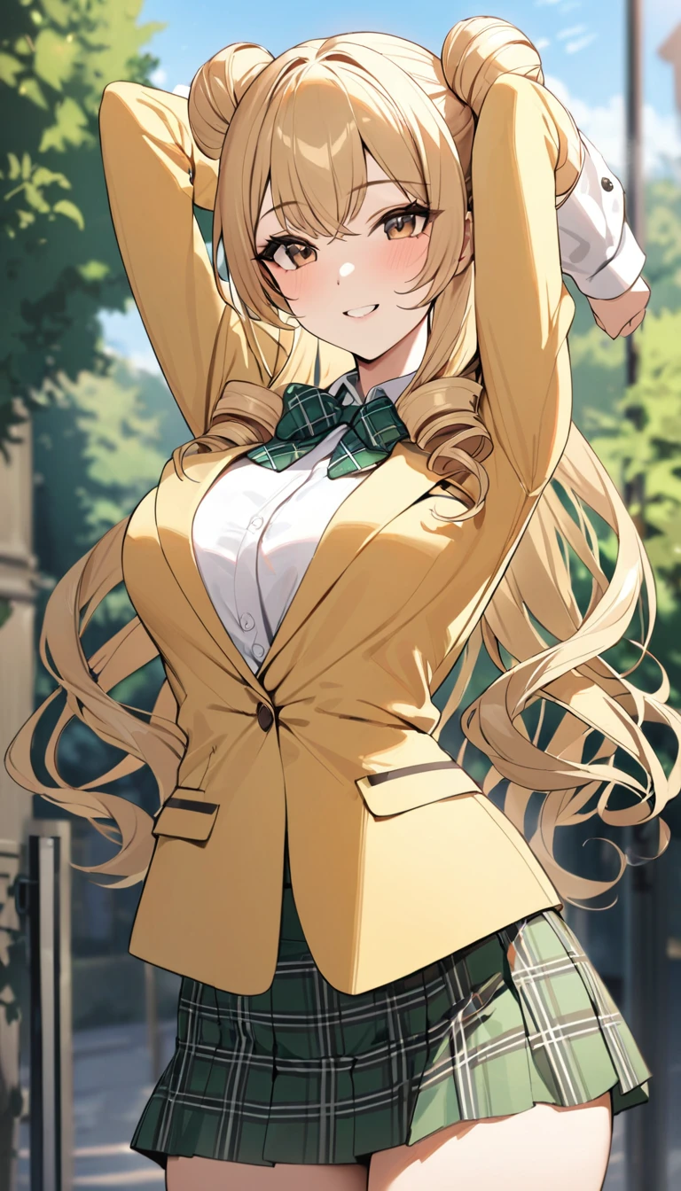 masterpiece, best quality, highres, 1girl, solo, long hair, blonde hair, double bun, drill hair, brown eyes, , green bowtie, blazer, yellow jacket, long sleeves, plaid skirt, green skirt, standing,arms hold up, cowboy shot, outdoors, smile,