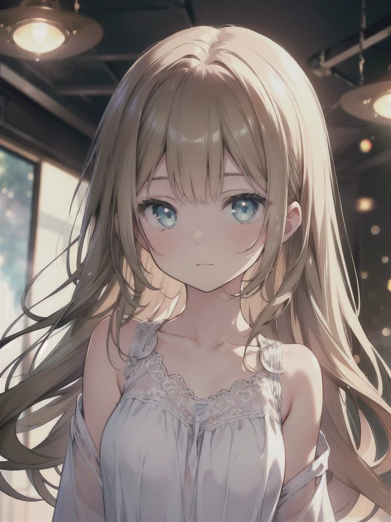 masterpiece, highest quality, female figure, blue green eyes, long brown hair, white nightgown, cute, (dynamic lighting:1.2), cinematic lighting, delicate features, fine eyes, sharp pupils, realistic student, Depth of bounds written, Bokeh, sharp focus, (very detailed, bloom, shine:1.4), gloomy, very skinny, prominent collarbones, 