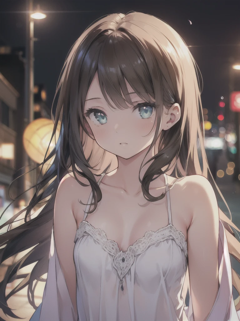 masterpiece, highest quality, female figure, blue green eyes, long brown hair, white nightgown, cute, (dynamic lighting:1.2), cinematic lighting, delicate features, fine eyes, sharp pupils, realistic student, Depth of bounds written, Bokeh, sharp focus, (very detailed, bloom, shine:1.4), gloomy, very skinny, prominent collarbones, 