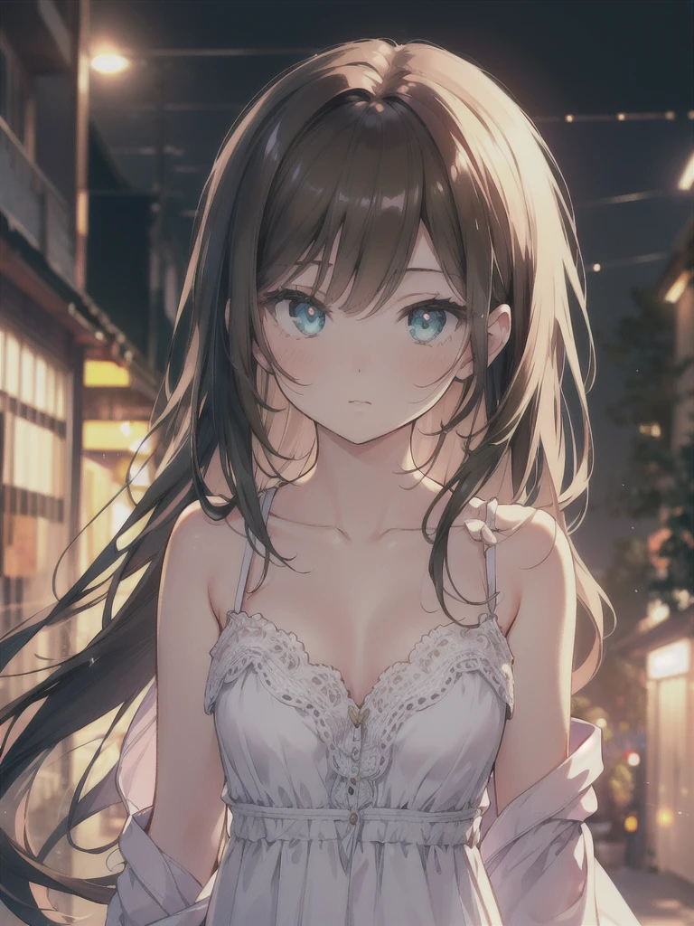 masterpiece, highest quality, female figure, blue green eyes, long brown hair, white nightgown, cute, (dynamic lighting:1.2), cinematic lighting, delicate features, fine eyes, sharp pupils, realistic student, Depth of bounds written, Bokeh, sharp focus, (very detailed, bloom, shine:1.4), gloomy, very skinny, prominent collarbones, 