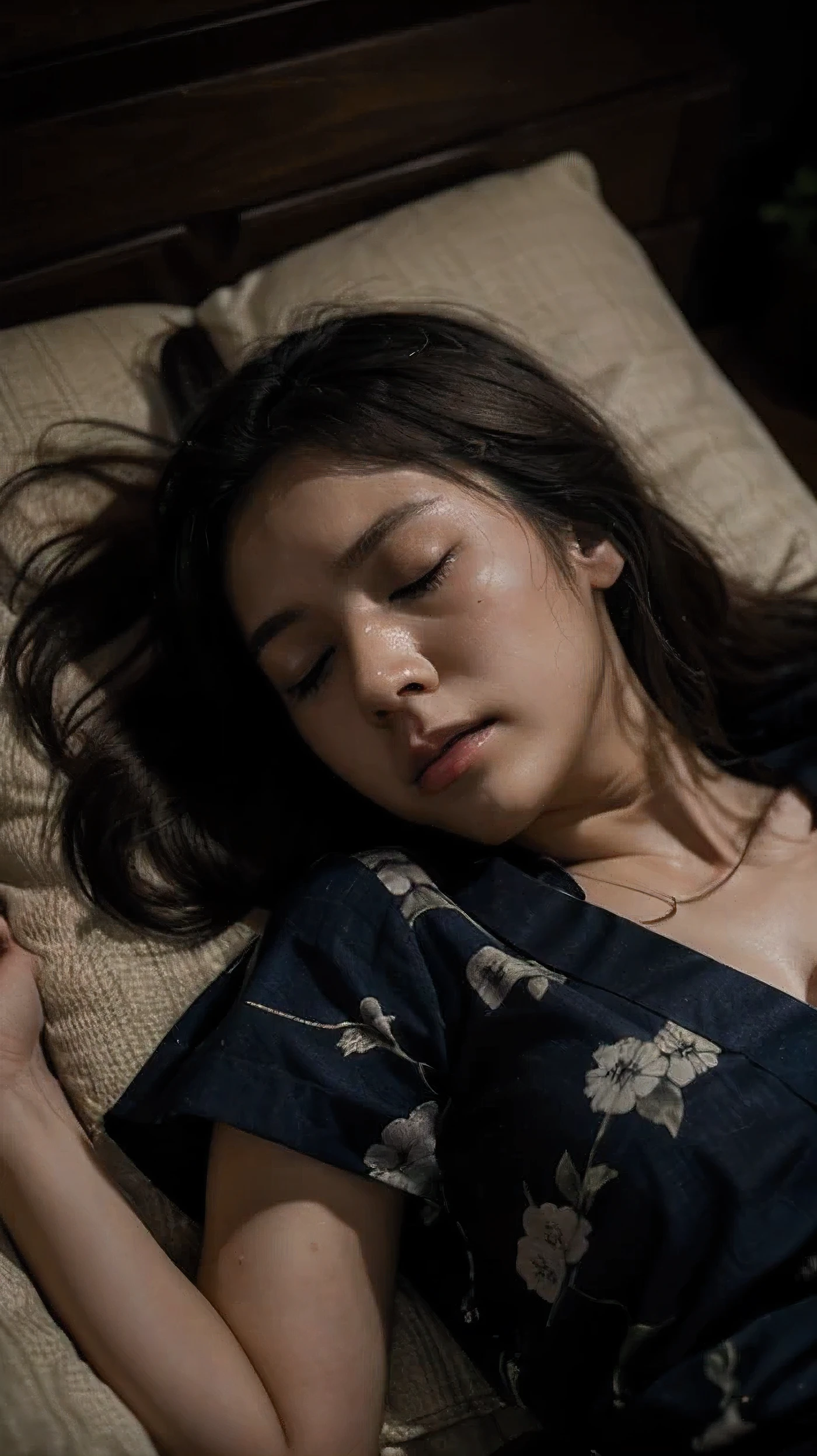 (8K)、(highest quality: 1.2)、(Real)、(Real: 1.4)、Ultra-high resolution、horror film、Dark world、Japan Edo Period、Japan in the 1700s、An -yeld giin a kimono lying face-up on the ground、close her eyes, 24-year-old daughter in pain、It gets dark like a storm is about to break out、A scene sleeping with close her eyes, her body perfect 