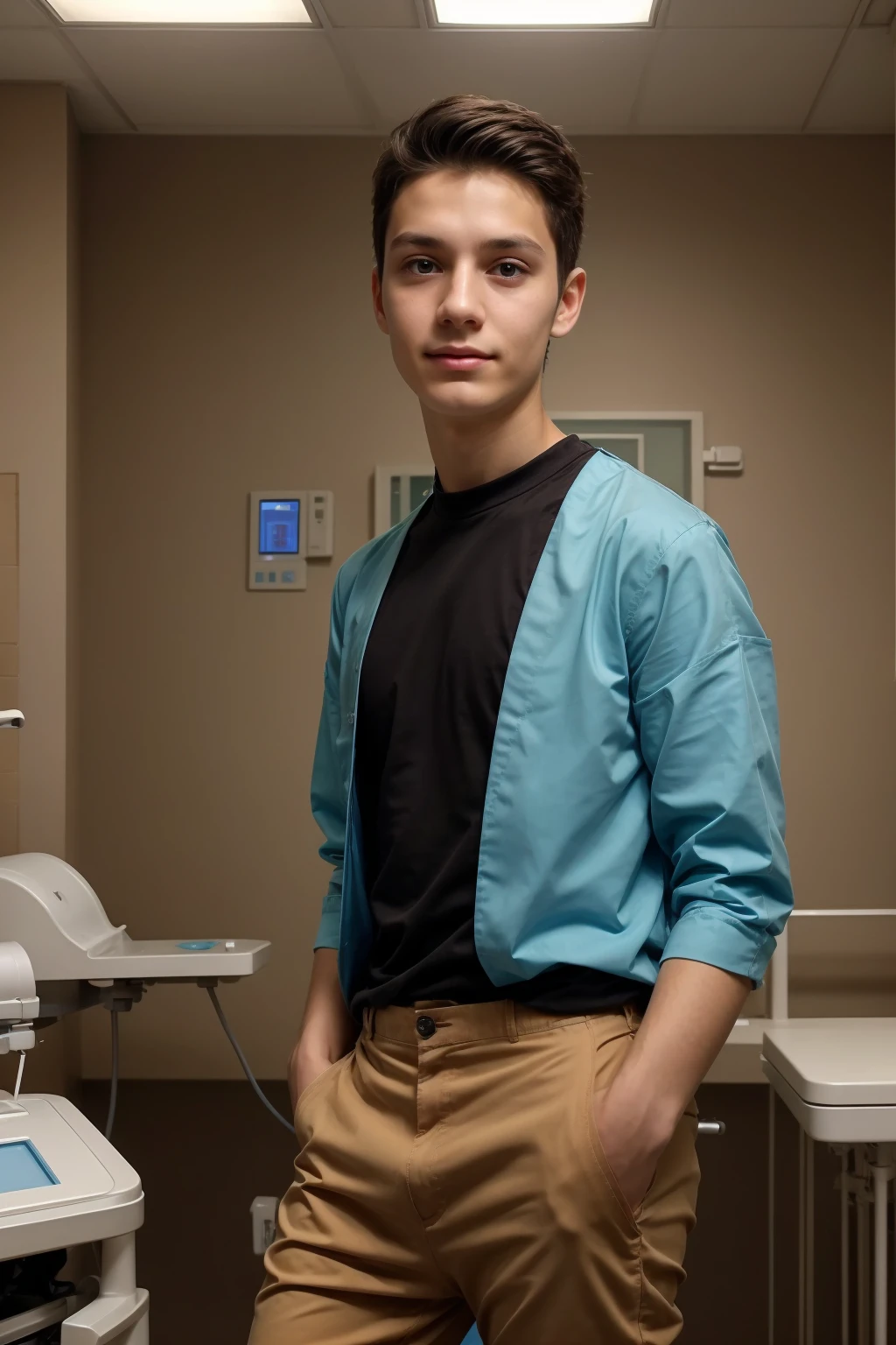 A beautiful young male twink with a face with reddish makeup. He has black hair. He is wearing a long-sleeved white shirt and aqua blue pants. He is in the surgical theater working as a surgeon. A genius in medicine. Behind him are medical devices and medical tools. Behind him, he looks proudly.