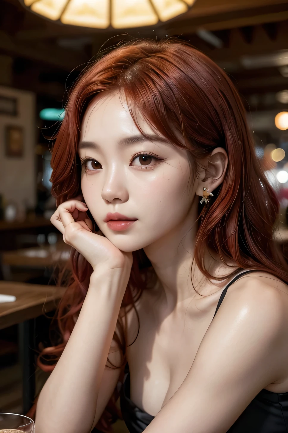 Create an image of a curly Korean woman with red hair in a restaurant in Avai having a drink while wearing a black dress and with a flower in her ear