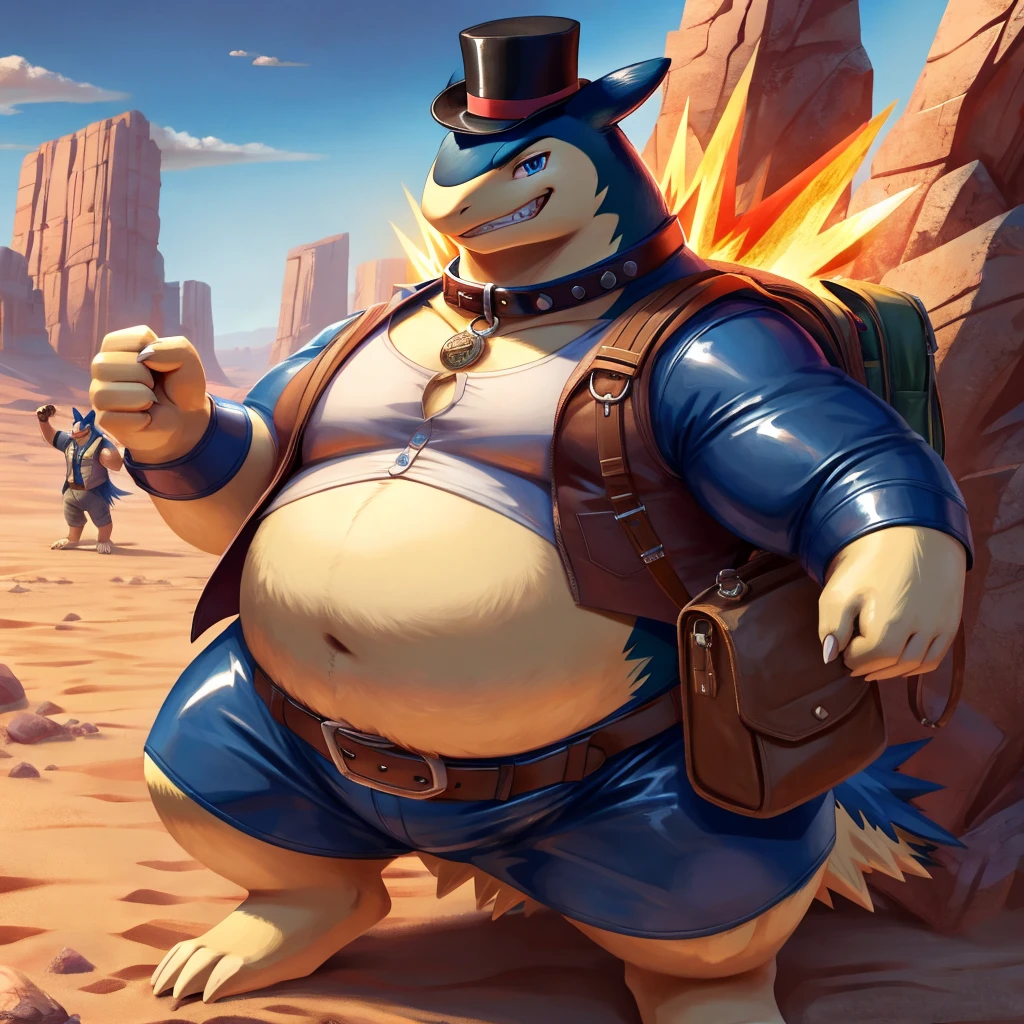 Male, fat, extremely obese, Typhlosion, blue eyes, (posing:1.3), (soft shading), 4k, hi res, ((detailed face, detailed)), looking at viewer, evil grin, desert, cactus, shirt, top hat, male focus, Explorer Outfit, glasses, bag, vest, backpack, sleeves rolled up, round eyewear, brown headwear, brown vest, Typhlosion is wearing a glossy leather dog collar around the neck, Typhlosion is wearing the leather collar and shirt and vest at the same time, Typhlosion is wearing glossy white rubber gloves on the hands, wearing white rubber gloves on the feet, gloves are rubber in texture, clenching teeth, clenching fists, leather collar is glossy and shiny with a lot of detail.