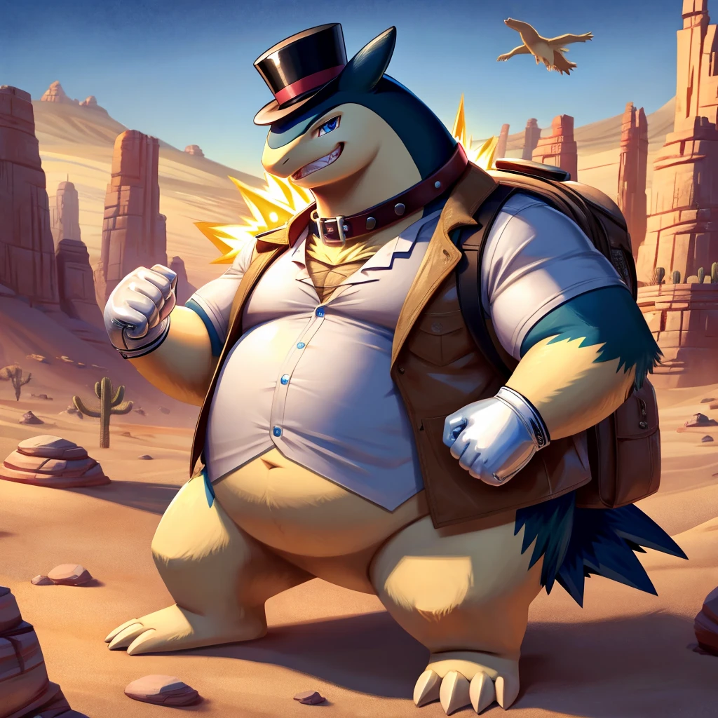 Male, fat, extremely obese, Typhlosion, blue eyes, (posing:1.3), (soft shading), 4k, hi res, ((detailed face, detailed)), looking at viewer, evil grin, desert, cactus, shirt, top hat, male focus, Explorer Outfit, glasses, bag, vest, backpack, sleeves rolled up, round eyewear, brown headwear, brown vest, Typhlosion is wearing a glossy leather dog collar around the neck, Typhlosion is wearing the leather collar and shirt and vest at the same time, Typhlosion is wearing glossy white rubber gloves on the hands, wearing white rubber gloves on the feet, gloves are rubber in texture, clenching teeth, clenching fists, leather collar is glossy and shiny with a lot of detail.