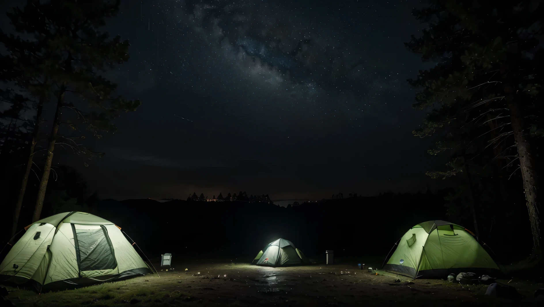 (masterpiece, 8K, UHD, photo-realistic:1.3), camping ground during heavy rain at night, there are several camping tents, in the middle of a dense pine forest during heavy rain at night, the atmosphere is dark during heavy rain at night