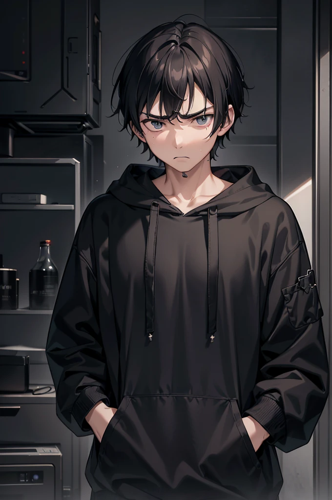 gloomy atmosphere, realistic rendering, 4K resolution, HDR enhancement, a teenage boy, black hair, black eye, grumpy face, nervous look, defiant eyes, wears a black hoodie.
