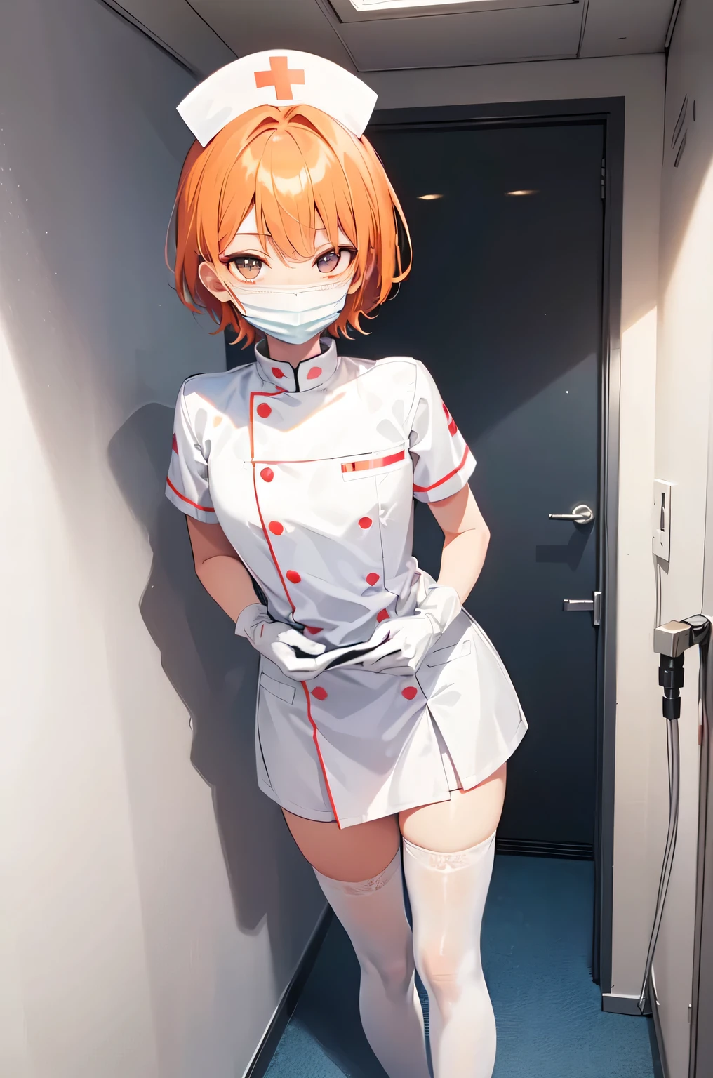 1boy, solo, male focus, nurse, white nurse cap, white nurse uniform, ((white legwear, zettai ryouiki)), white gloves, short hair, orange hair, ((white surgical mask, covered nose)), standing, ((hospital room)), sharp outline, short sleeves, shota, 12 years old, best quality, masterpiece