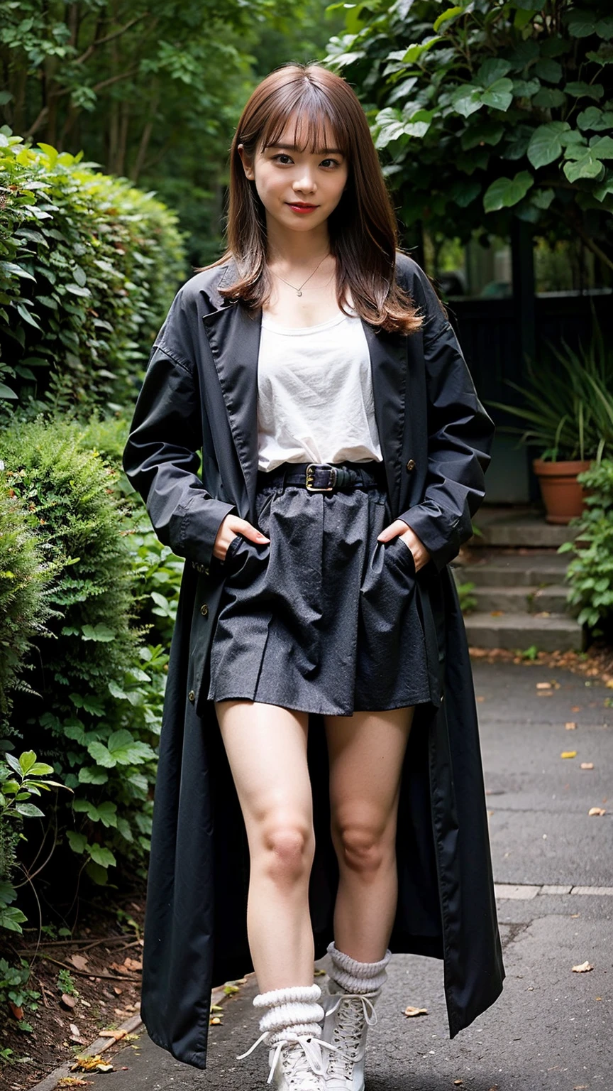 (8K、RAW Photos、Highest quality、masterpiece:1.2)、(Realistic、Realistic)、1 Girl、((Black coat、mini skirt、smile、Frills、one piece、whole body、See-through、boots、chest emphasis、whole body、garden、View from the front、Looking into the camera、Stand with hands on hips))、