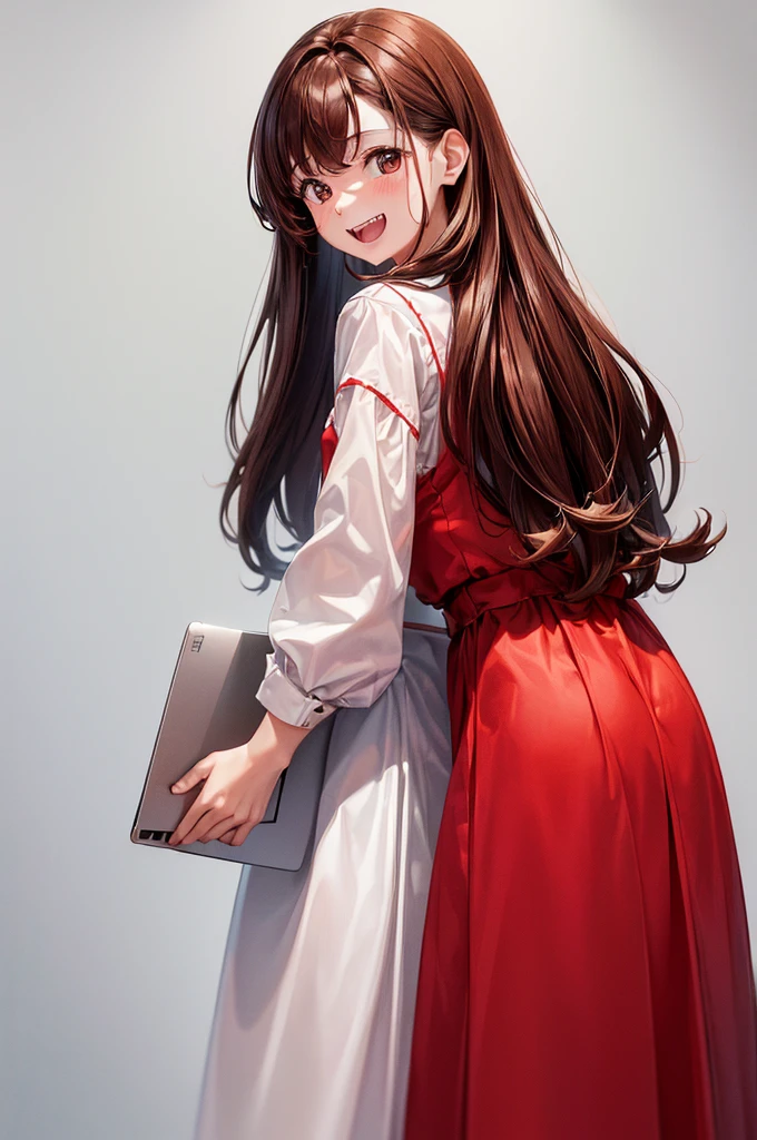 (((White wall background)))、(((8K、Best image quality)))、(((I have a laptop)))、(((Brown Hair)))、(((Long Hair)))、(((wearing a red blouse)))、(((Laughter)))、(((Teeth are visible)))、(((Are standing)))、(((I'Wearing a small watch)))、(((I have a mobile phone)))、(((Bust Shot)))、(((View smartphone)))
