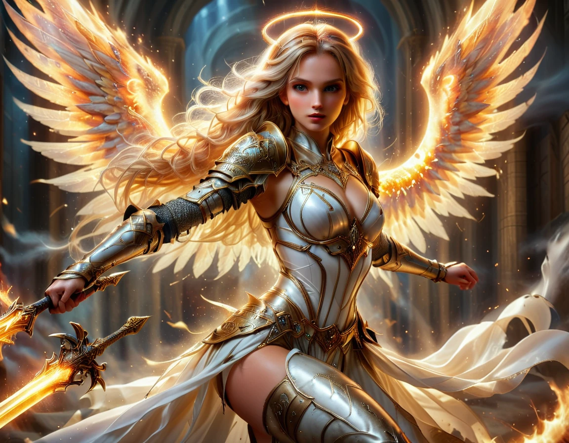 a ((medieval masterwork fresco art: 1.5)) Italian renaissance style, of a 1female angel knight, spread angelic wings, glowing halo soft light, full body shot, ultra detailed face, determined expression, angel of justice and vengeance, blond hair, long hair, dynamic hair style, (wearing armor: 1.2), intricate details, wearing (thigh high heeled boots: 1.1) , (holding divine sword: 1.3), flaming sword, intense details, masterwork sword, dynamic background(Masterpiece: 1.5), Vibrant, Ultra-high resolution, High Contrast, (masterpiece:1.2), highest quality, Best aesthetics), best details, best quality, highres, ultra wide angle, 16k, [ultra detailed], masterpiece, best quality, (extremely detailed), intense gaze, faize, raging nebula, Saint,  drc_style