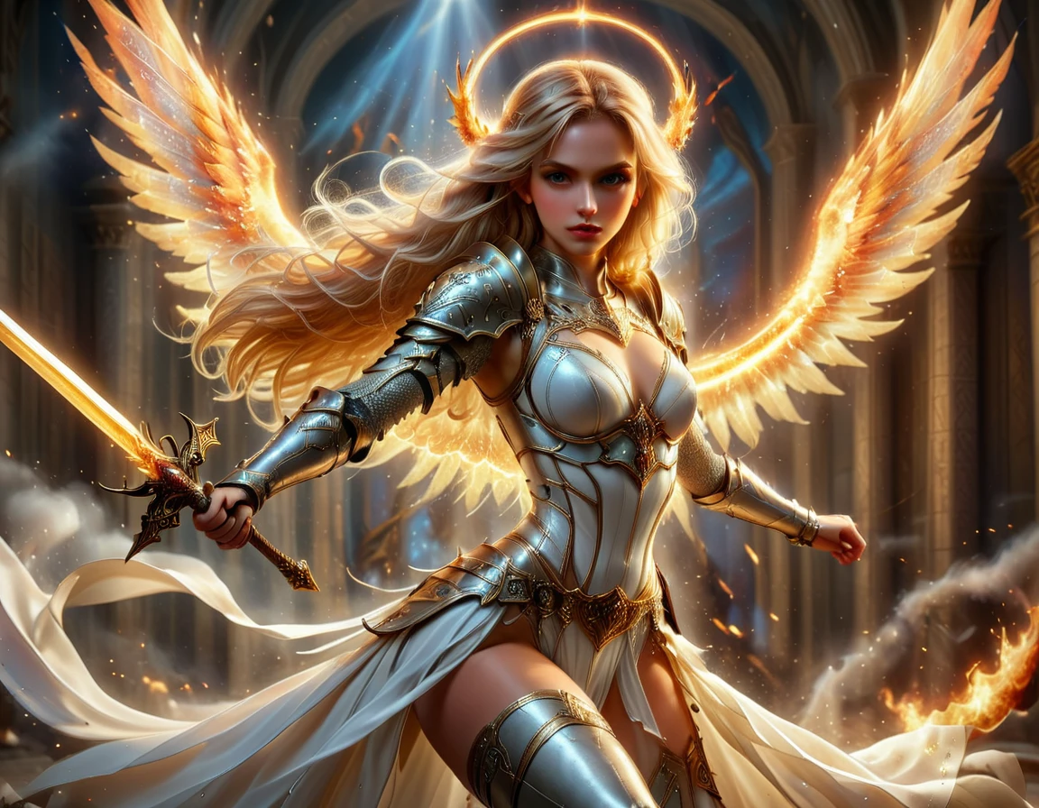 a ((medieval masterwork fresco art: 1.5)) Italian renaissance style, of a 1female angel knight, spread angelic wings, glowing halo soft light, full body shot, ultra detailed face, determined expression, angel of justice and vengeance, blond hair, long hair, dynamic hair style, (wearing armor: 1.2), intricate details, wearing (thigh high heeled boots: 1.1) , (holding divine sword: 1.3), flaming sword, intense details, masterwork sword, dynamic background(Masterpiece: 1.5), Vibrant, Ultra-high resolution, High Contrast, (masterpiece:1.2), highest quality, Best aesthetics), best details, best quality, highres, ultra wide angle, 16k, [ultra detailed], masterpiece, best quality, (extremely detailed), intense gaze, faize, raging nebula, Saint,  drc_style