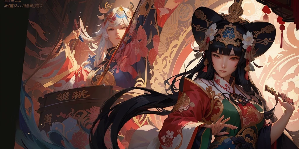 Dressed in Chinese clothing、Anime style illustration of a woman holding a sword, Onmyoji detailed art, Colorful concept art, Alphonse Mucha and Ross Draf, in the art style of Morbacher, Morel, Artgerm 和 Atey Ghailan, Kushat Krenz Key Women in Art, Detailed digital 2D fantasy art