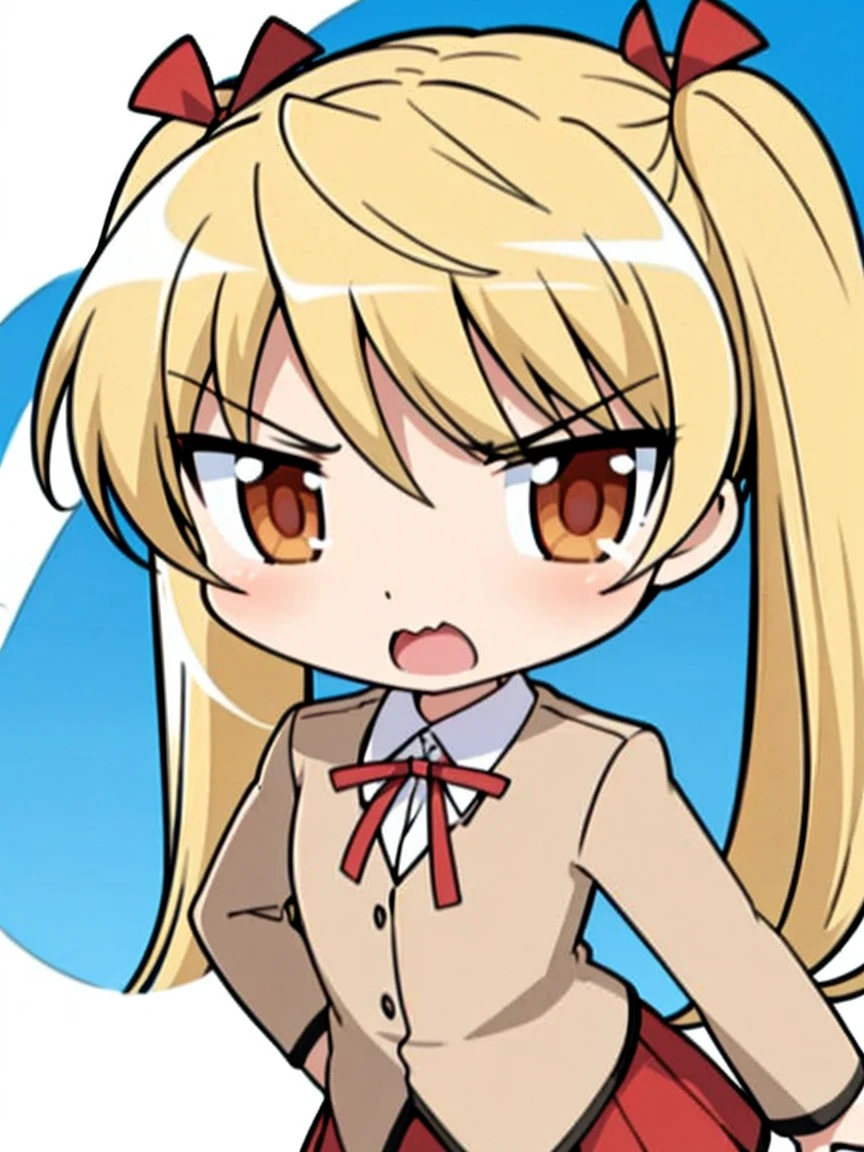 solo,1 girl,long hair ,blonde hair，portrait,twintail,sawachika eri, twintails, long hair, blonde hair, brown eyes, hair ribbon，chibi,cute,angry, hair ribbon,school uniform, red pleated skirt