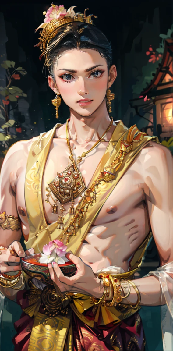 Young Thai man, handsome, muscular, broad shoulders, tight chest, tanned skin, wearing Thai clothes, various silk fabrics, Thai patterns, embroidered with flowing gold thread, traditional Thai gold necklace, traditional Thai gold bracelet, holding two lotus flower bowls. hands, riverside, Thai temple, rainforest, late at night, moonlight, fog, upper body image