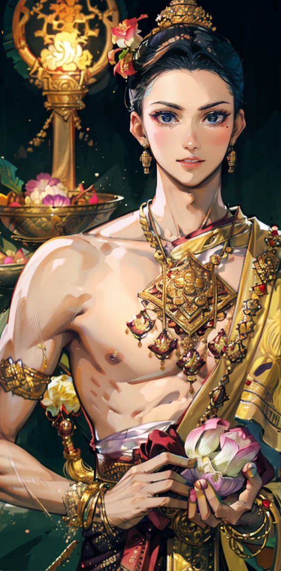 God, Thai style, man, shirtless., meditate, handsome, The body is in proportion., Gold jewelry has no bottom.,No underwear,no clothes,front view,dick,