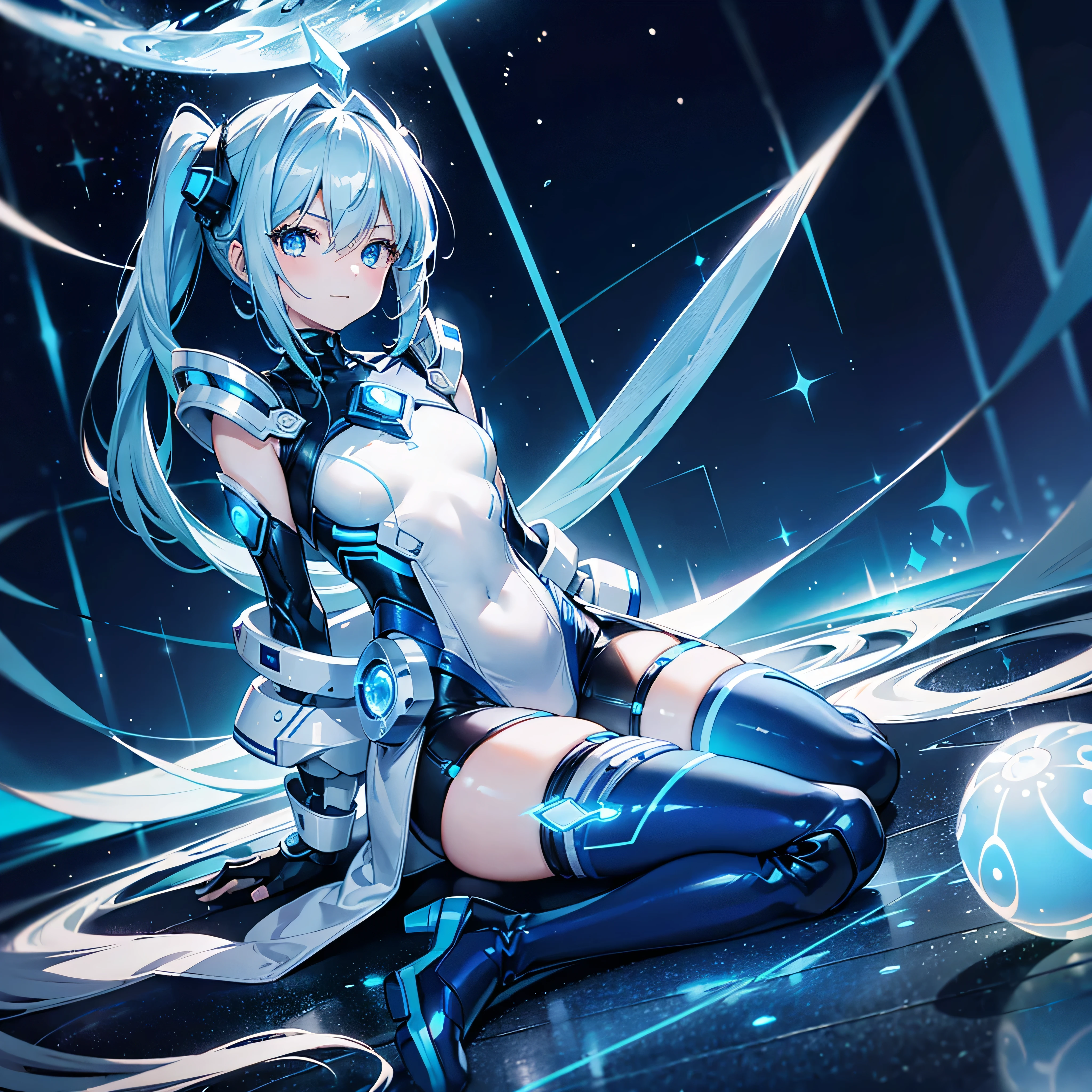 8K, Highest quality, (real:1.4), Original photo, 1 girl, Asari Hair, Biological Amplifier, Very sleek and futuristic armor, posture: Peace talks between warring factions,,attention arousal, smart blue eyes,A modest smile,Knee-high boots,Patent-look blue tights,Blue big moon and blue light swirl in the background,Blue light from behind,blue light magic,A small, glowing blue ball in the palm of your hand,Blue flame swirl,Blue Comet,Polished floor,