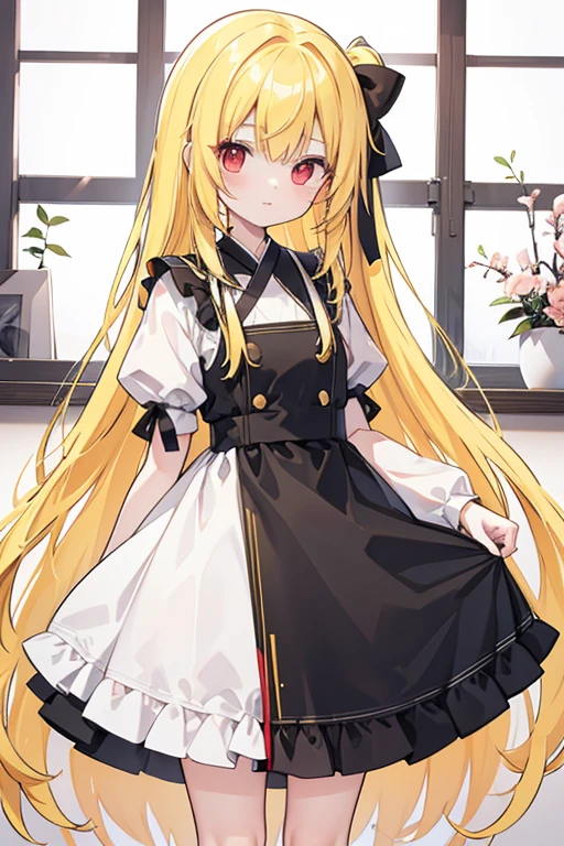 Long Hair、Yellow Hair、Red eyes、cute、girl、One person、dress、black