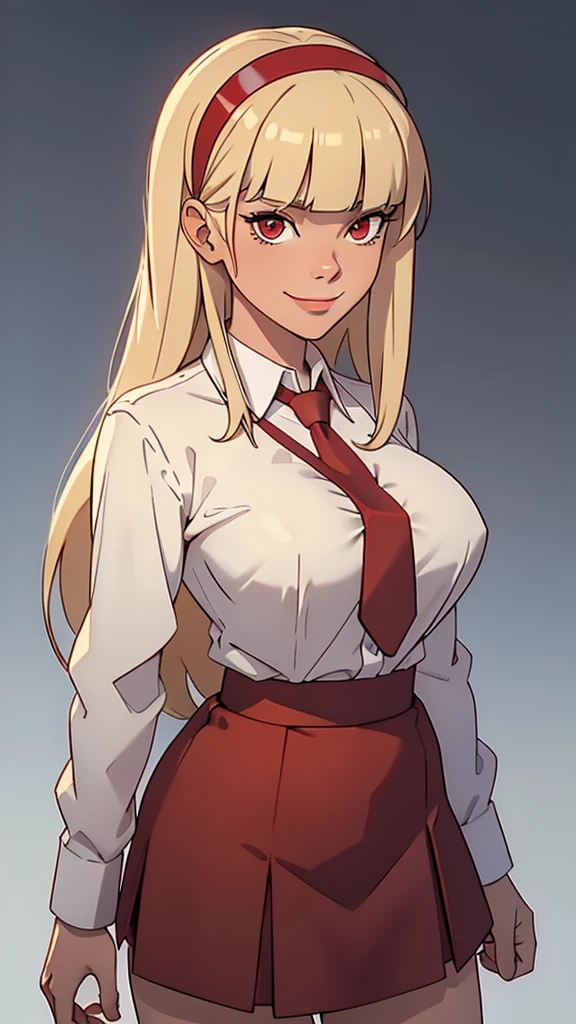 masterpiece, best quality, highres, , bangs, blunt_bangs, blonde_hair, long_hair, eyelashes, red_eyes, red_hairband, collared_shirt, formal, necktie, red_necktie, school_uniform, long_sleeves, skirt, red_skirt, white_shirt, smiling,simple background,big breasts,cleavage,look at viewer,seams,portrait