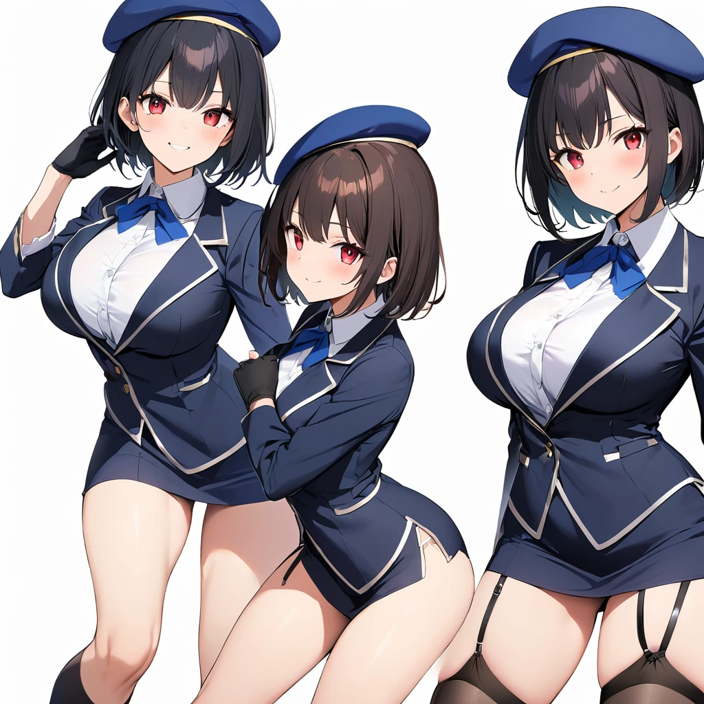 16k works,Highest quality,18-year-old,No background.White background only,whole body、Kneel,Dynamic and sexy pose, One person, Beautiful Face,, Symmetrical eyes, Perfect body, Good balance、 Perfect body、Black Hair,Red eyes,short hair,Large Breasts,Long sleeve,Have,Black gloves,Black knee socks,mini skirt,Blue Skirt,uniform,beret,Garter Straps,Blue jacket,Blue hat,Pencil Skirt, smile