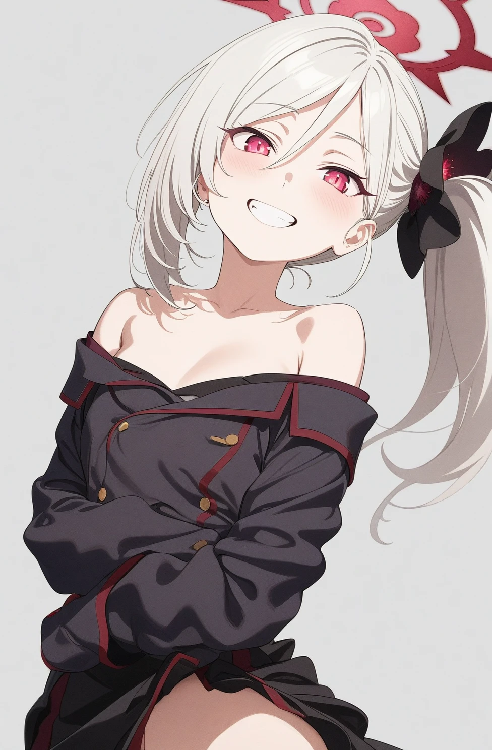 best quality, amazing quality, very aesthetic, absurdres, (1girl, mutsuki, blue archive, solo, red eyes, white hair, side ponytail), (artist official art:1.5), (realistic face:0.2), (grin, off-shoulder sweater ), (cowboy shot), (glowing eyes:1.3), (half closed eyes:0.9), (thigh), expressive eyes, perfect face, 4k, extremely detailed anime illustration, extremely detailed eyes, enhanced details, perfect anatomy, light rays, (gray background:1.5), clear eyes, beautiful face, small breasts, (Chiaroscuro:1.5),  (highres:2), undressing