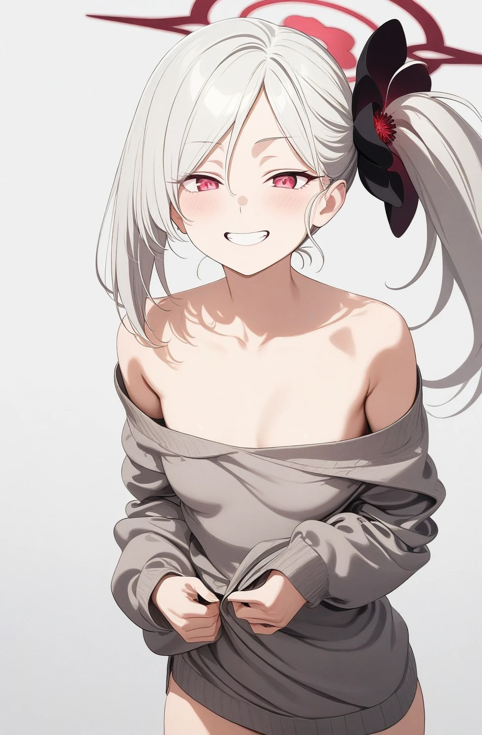 best quality, amazing quality, very aesthetic, absurdres, (1girl, mutsuki, blue archive, solo, red eyes, white hair, side ponytail), (artist official art:1.5), (realistic face:0.2), (grin, off-shoulder sweater ), (cowboy shot), (glowing eyes:1.3), (half closed eyes:0.9), (thigh), expressive eyes, perfect face, 4k, extremely detailed anime illustration, extremely detailed eyes, enhanced details, perfect anatomy, light rays, (gray background:1.5), clear eyes, beautiful face, small breasts, (Chiaroscuro:1.5), (highres:2), undressing