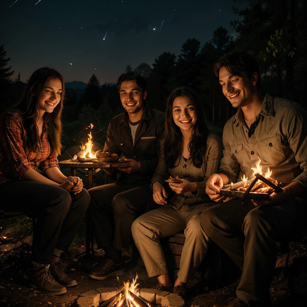 A man and a woman are sitting by a campfire in the forest at night. The atmosphere feels romantic, with a cat sitting beside the woman. Both of their faces reflect happiness under the countless twinkling stars in the sky. The man hands the woman some freshly grilled food from the campfire, and she smiles happily.