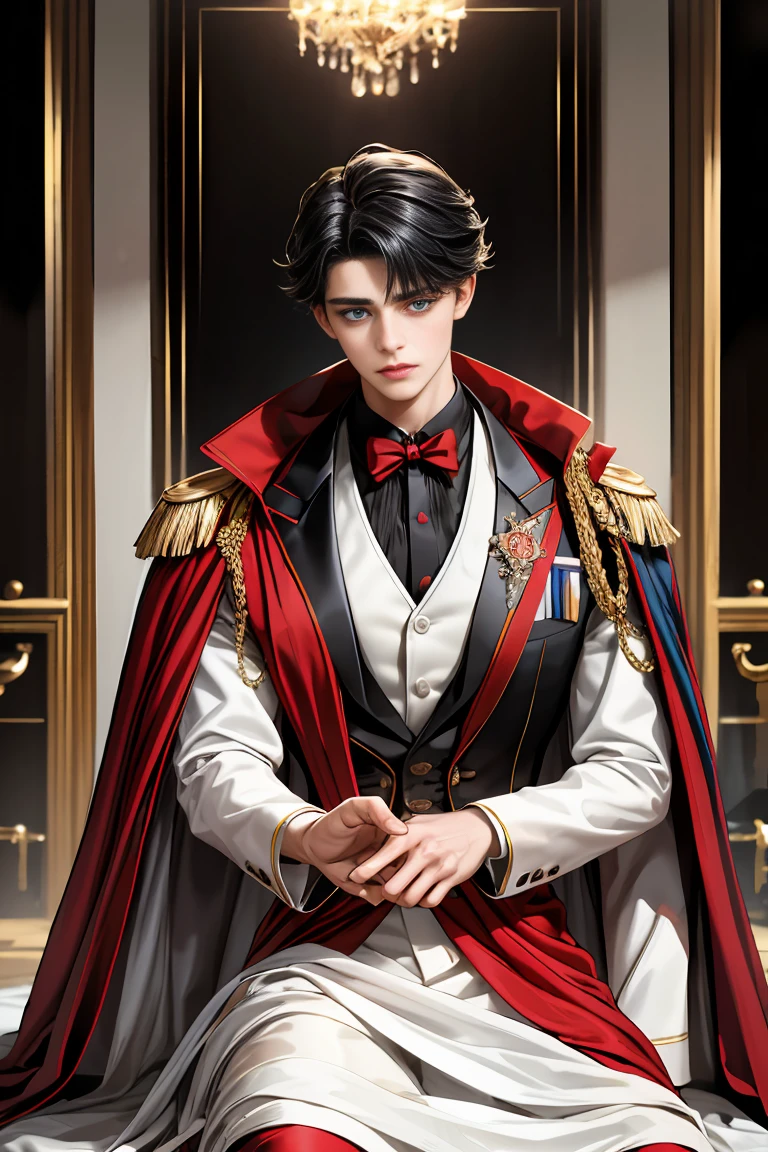 
masterpiece, 最high quality, high quality, 1 boy, alone, Male focus, Watching the audience,  Messy black hair, Adorable big blue eyes, White people, Noble, Noble,Sexy voluminous black and red cape、Tuxedo、A very voluminous, large, very large, very large, long, long red and black cape with a high stand-up collar, reaching down to the floor, made of a lot of fabric., 17 years old,Cute beautiful boys,Cute, cute, kind, handsome guy