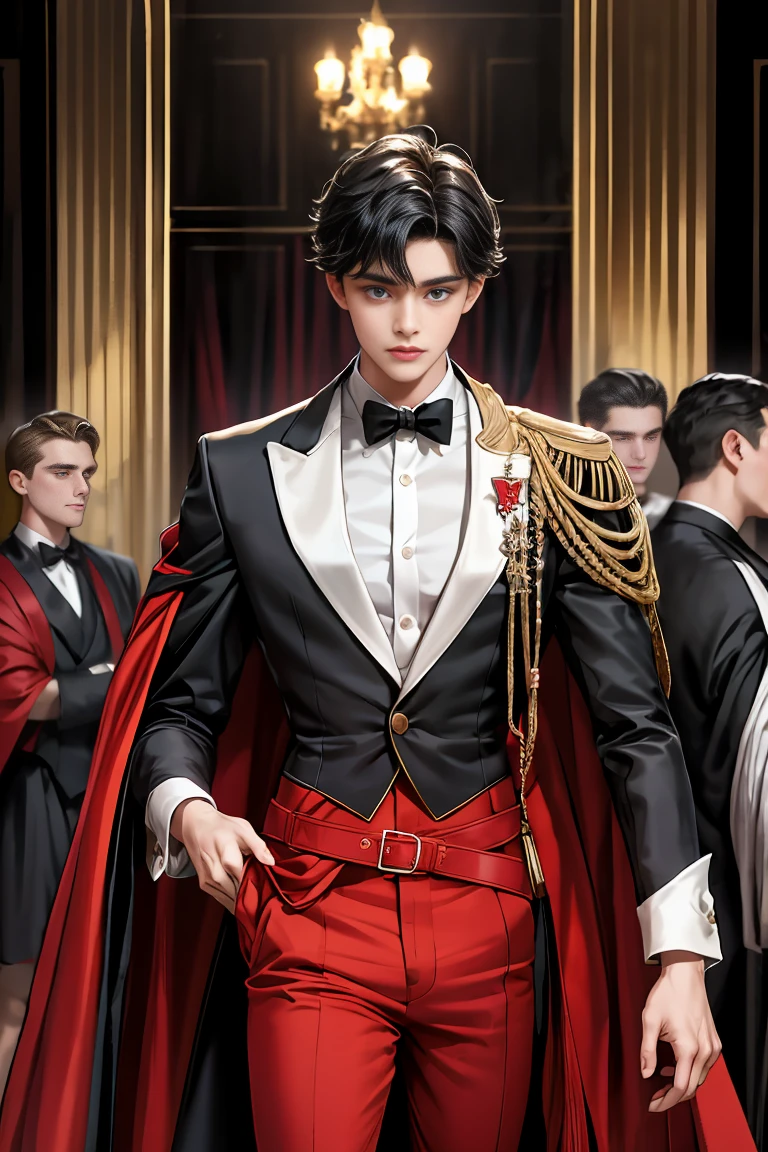 masterpiece, 最high quality, high quality, 1 boy, alone, Male focus, Watching the audience, Messy black hair, Adorable big blue eyes, White people, Noble, Noble,Sexy voluminous black and red cape、Tuxedo、A very voluminous, large, very large, very large, long, long red and black cape with a high stand-up collar, reaching down to the floor, made of a lot of fabric., 17 years old,Cute beautiful boys,Cute, cute, kind, handsome guy