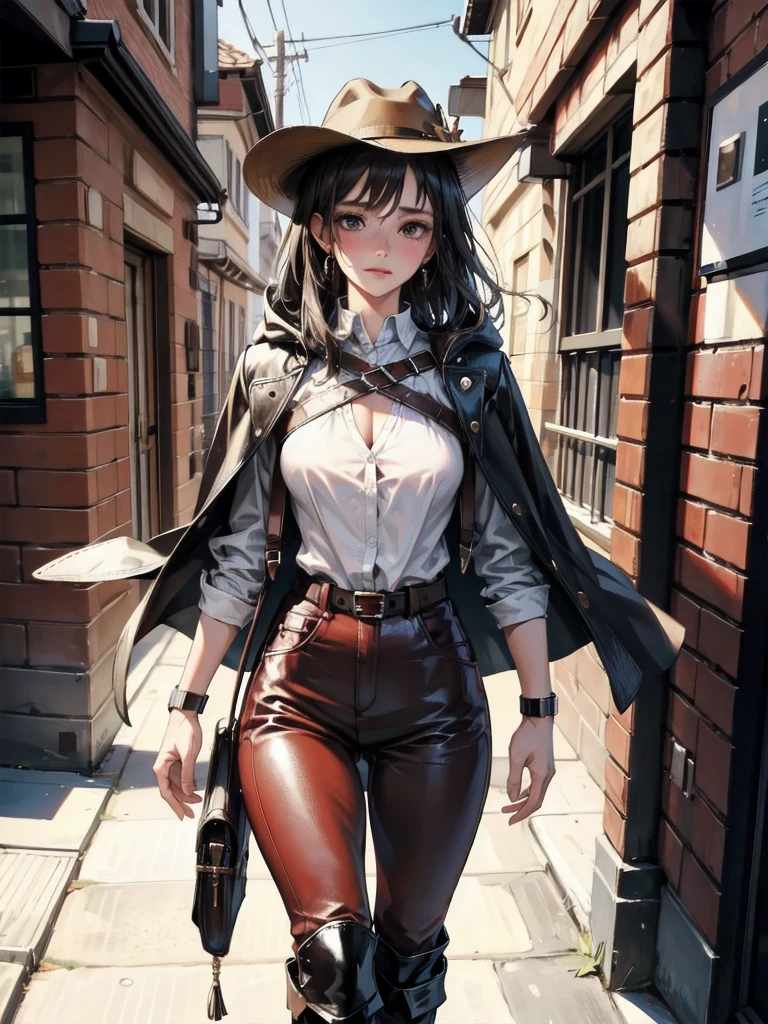 absurdres, RAW photo, extremely delicate and beautiful, masterpiece, Best Quality, ultra high resolution, 32k, hyperrealistic, ultra-detailed, in her 20s, delicate facial features, tearful mole, earring, medium breasts, full body shot, shorter middle hair, black hair, cool cowgirl, fantasy adventurer, cowboy hat, decorated hooded armor jacket, cross belt, Brown leather pants, Red leather long boots, 