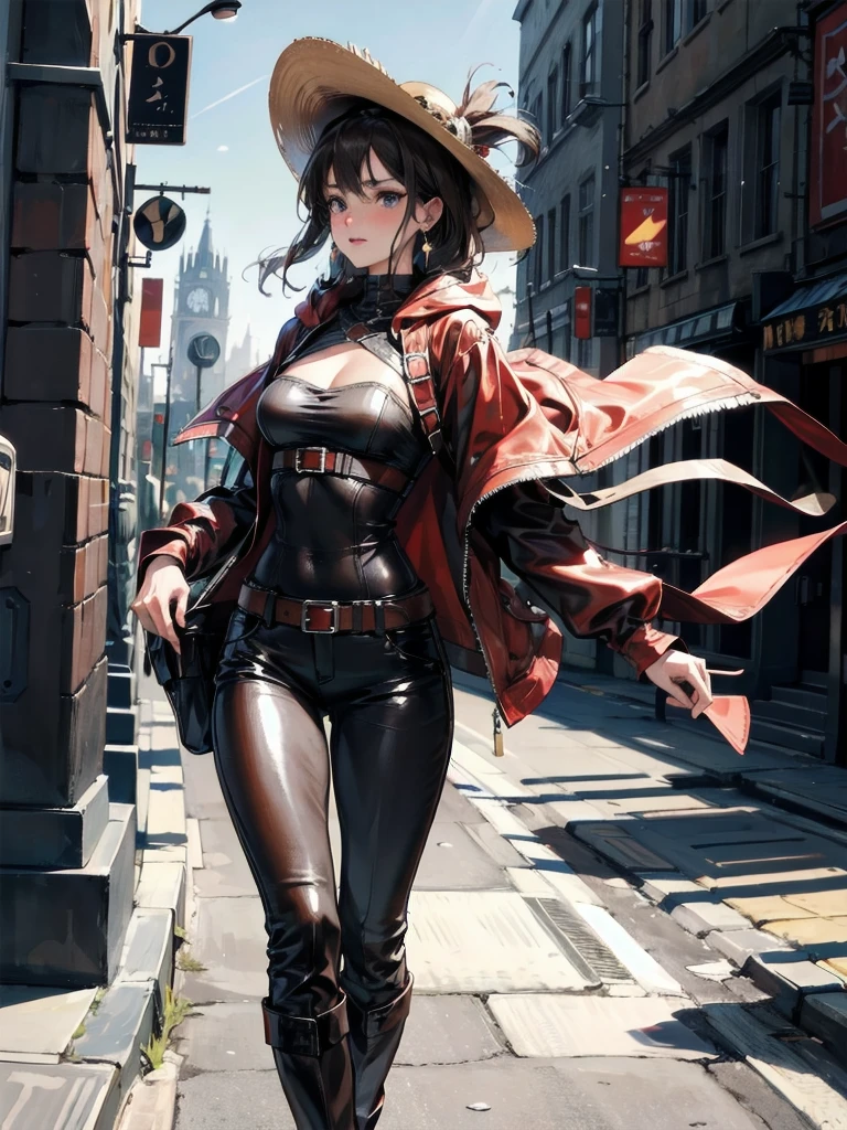 absurdres, RAW photo, extremely delicate and beautiful, masterpiece, Best Quality, ultra high resolution, 32k, hyperrealistic, ultra-detailed, in her 20s, delicate facial features, tearful mole, earring, medium breasts, full body shot, shorter middle hair, black hair, cool cowgirl, fantasy adventurer, cowboy hat, decorated hooded armor jacket, cross belt, Brown leather pants, Red leather long boots,